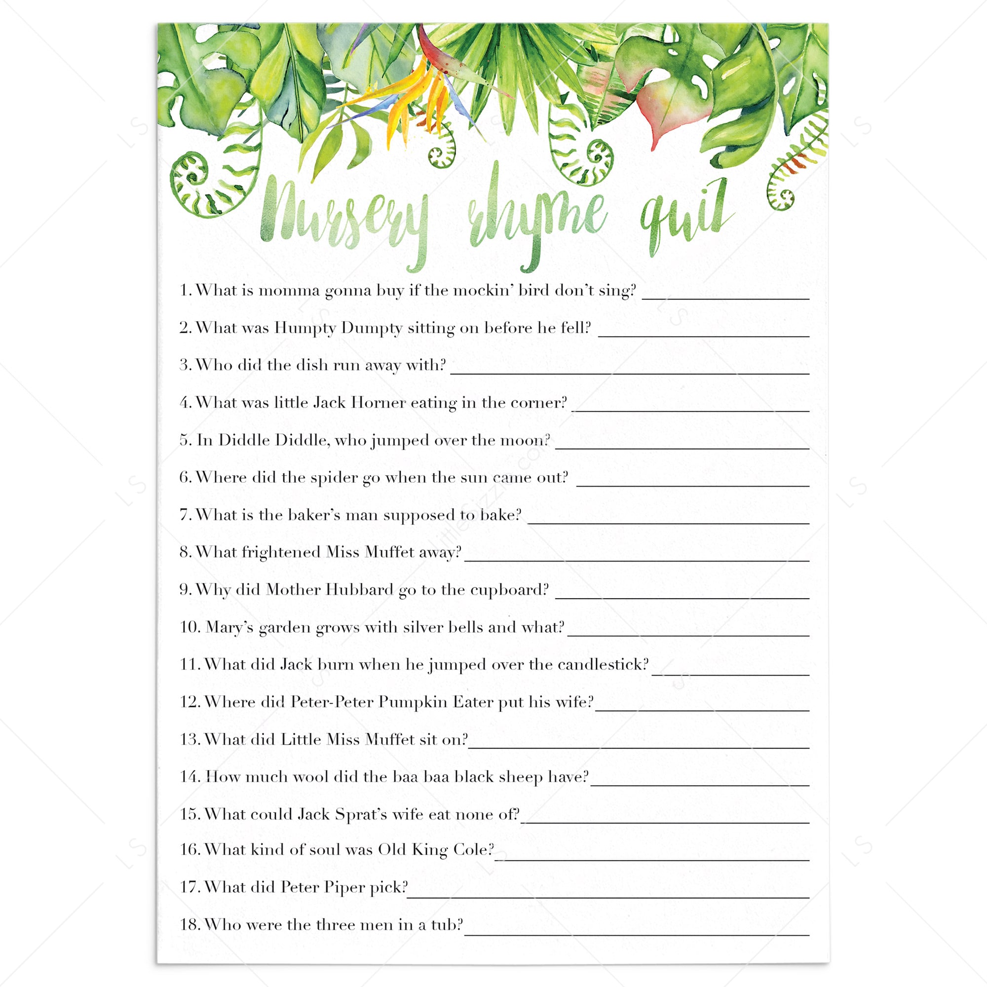 Luau baby shower games printable nursery rhyme quiz by LittleSizzle