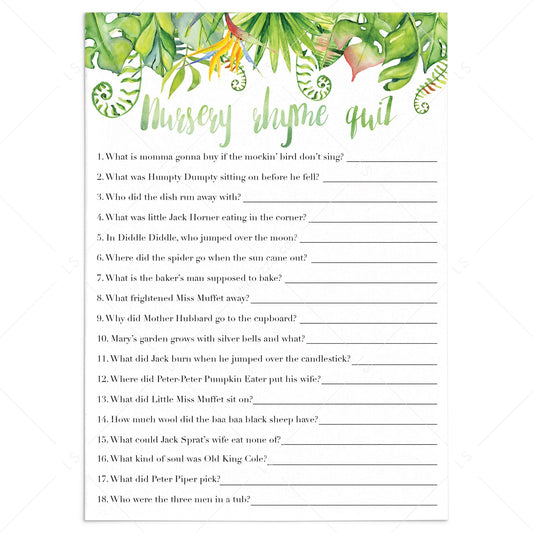 Luau baby shower games printable nursery rhyme quiz by LittleSizzle