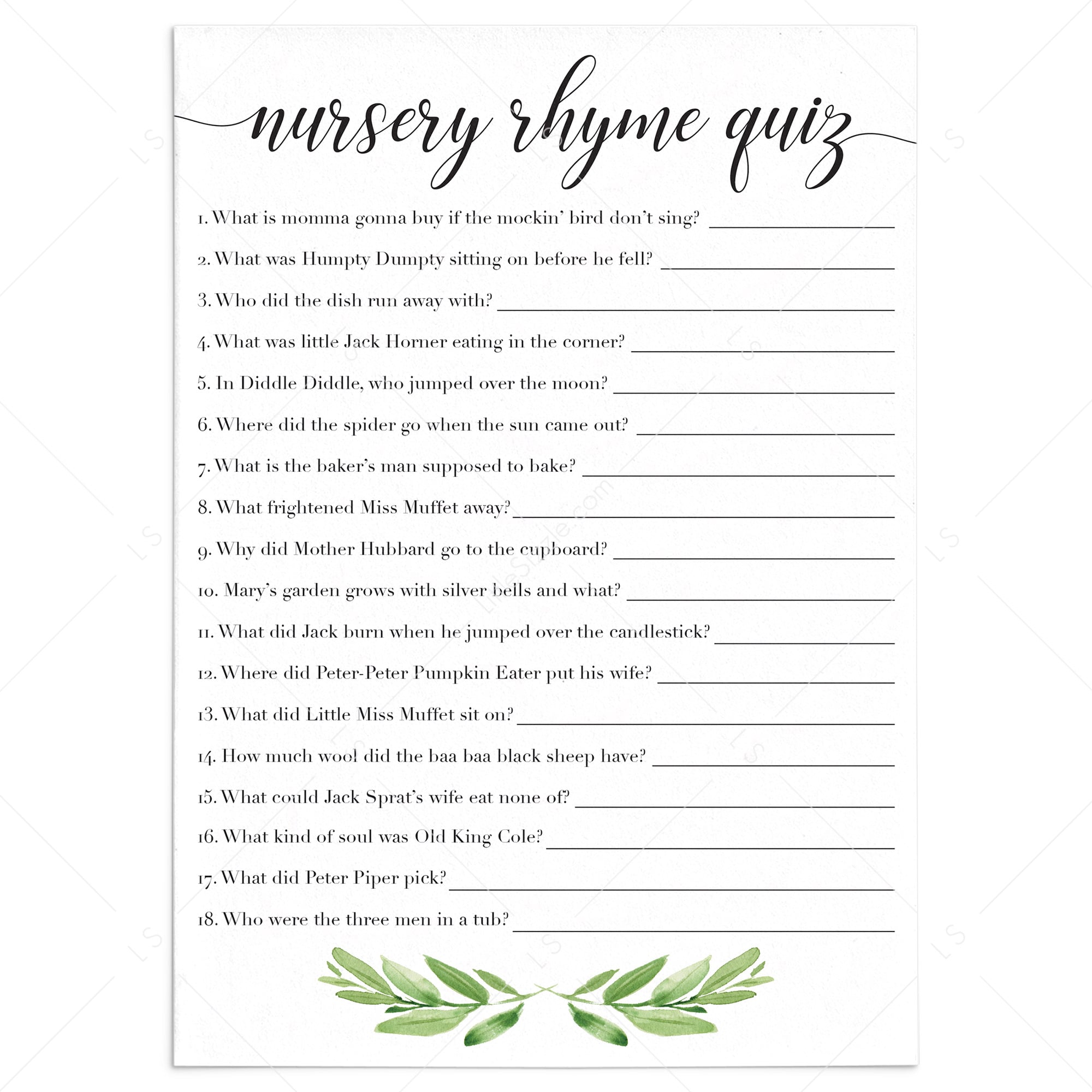 Green Baby Shower Nursery Rhyme Quiz Virtual Printable Files green-baby-shower-nursery-rhyme-quiz-virtual-printable-files