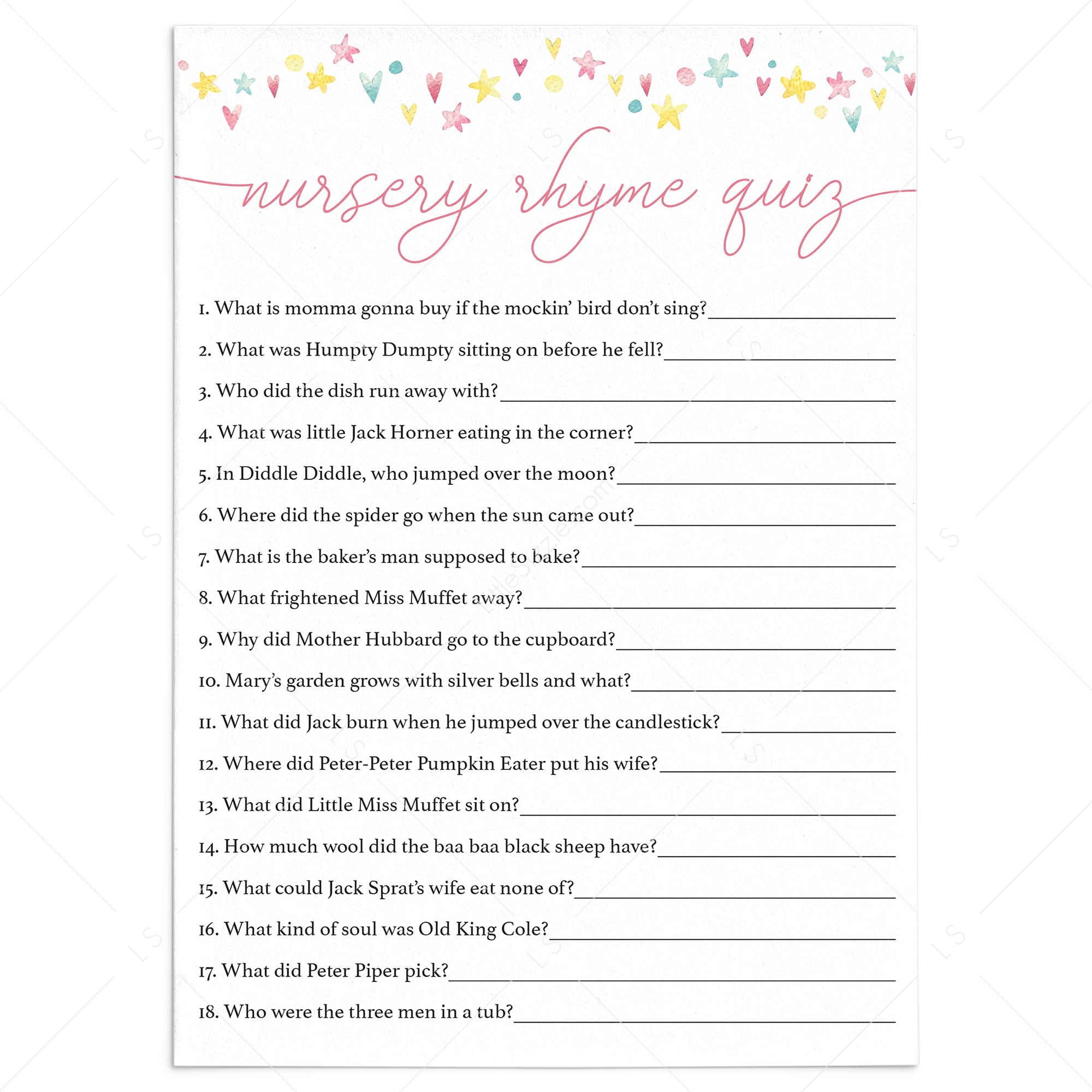 Pink mint and yellow shower game nursery rhyme quiz by LittleSizzle