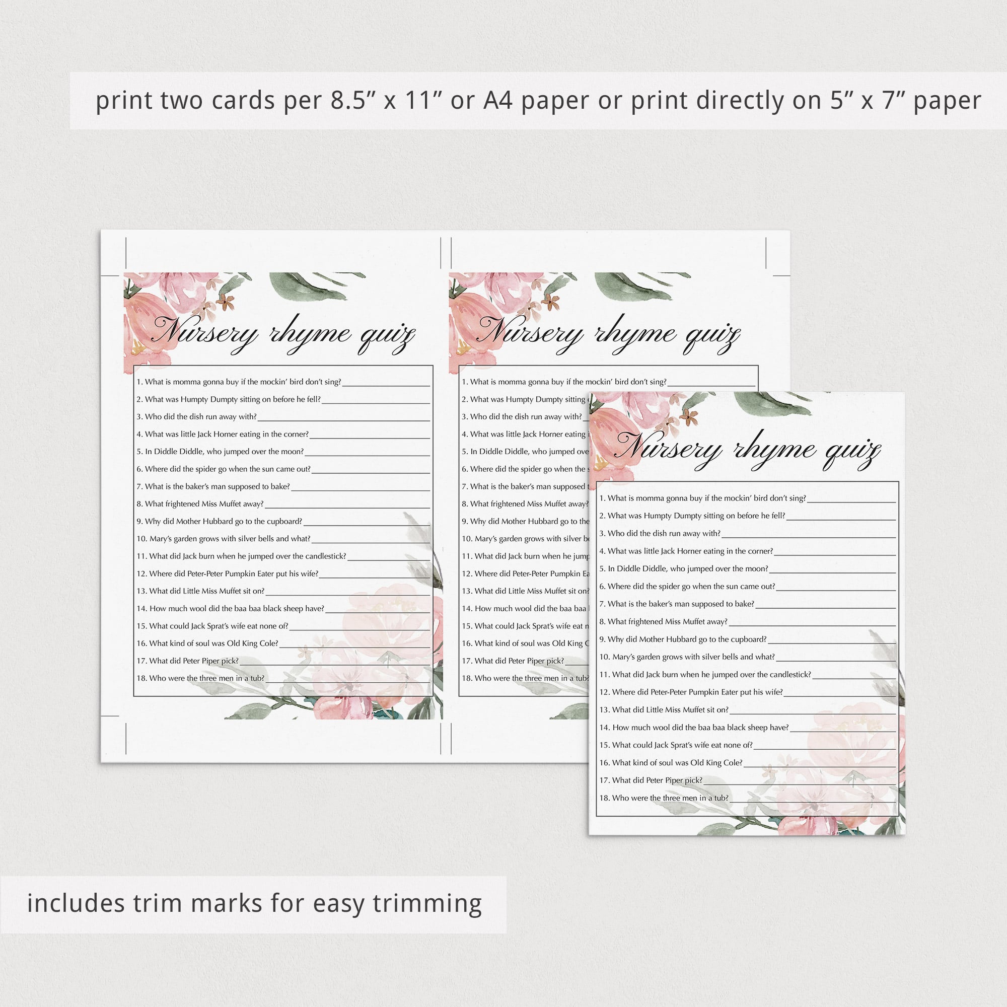 Nursery rhyme quiz elegant baby shower game printable by LittleSizzle