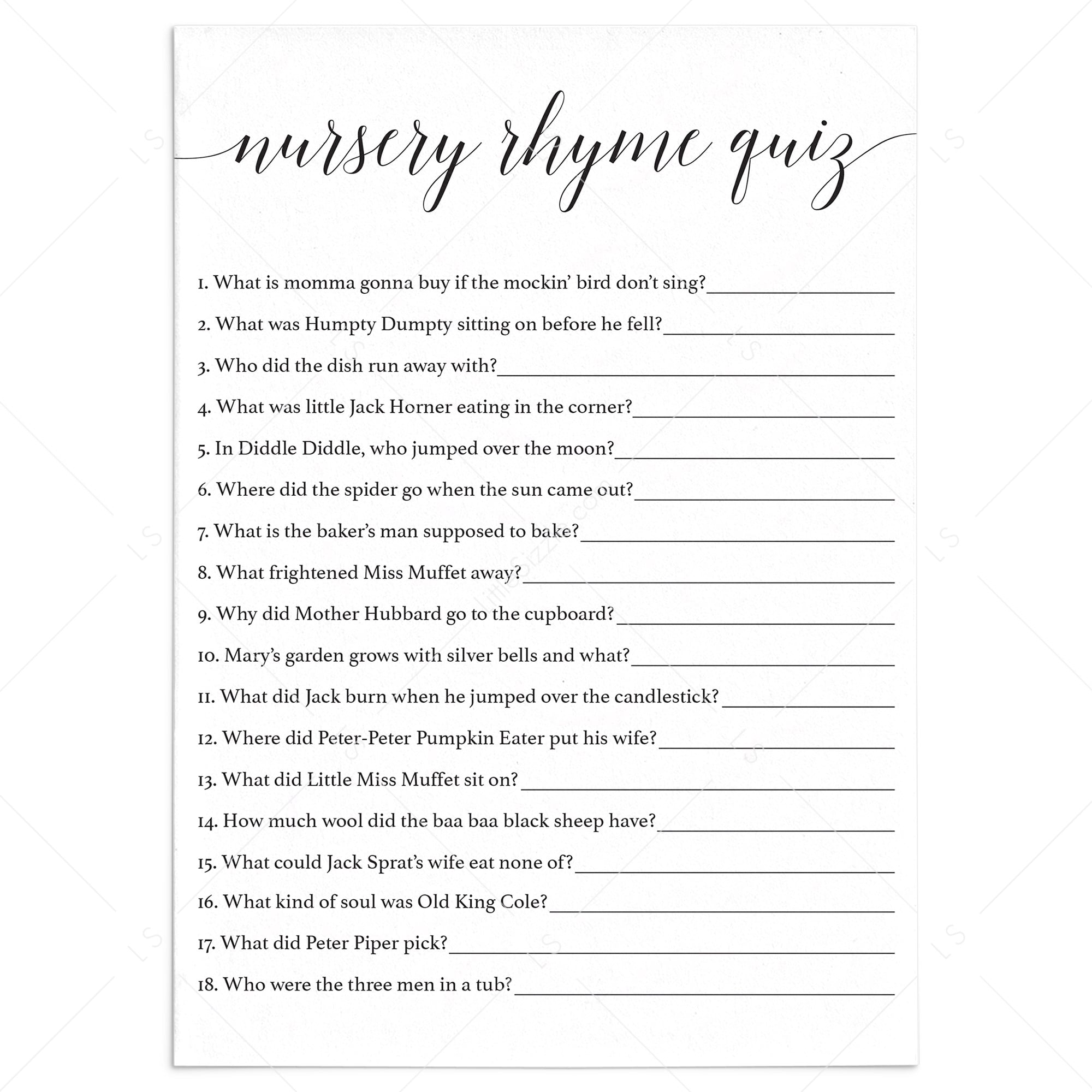 Simple baby shower game nursery rhyme quiz by LittleSizzle