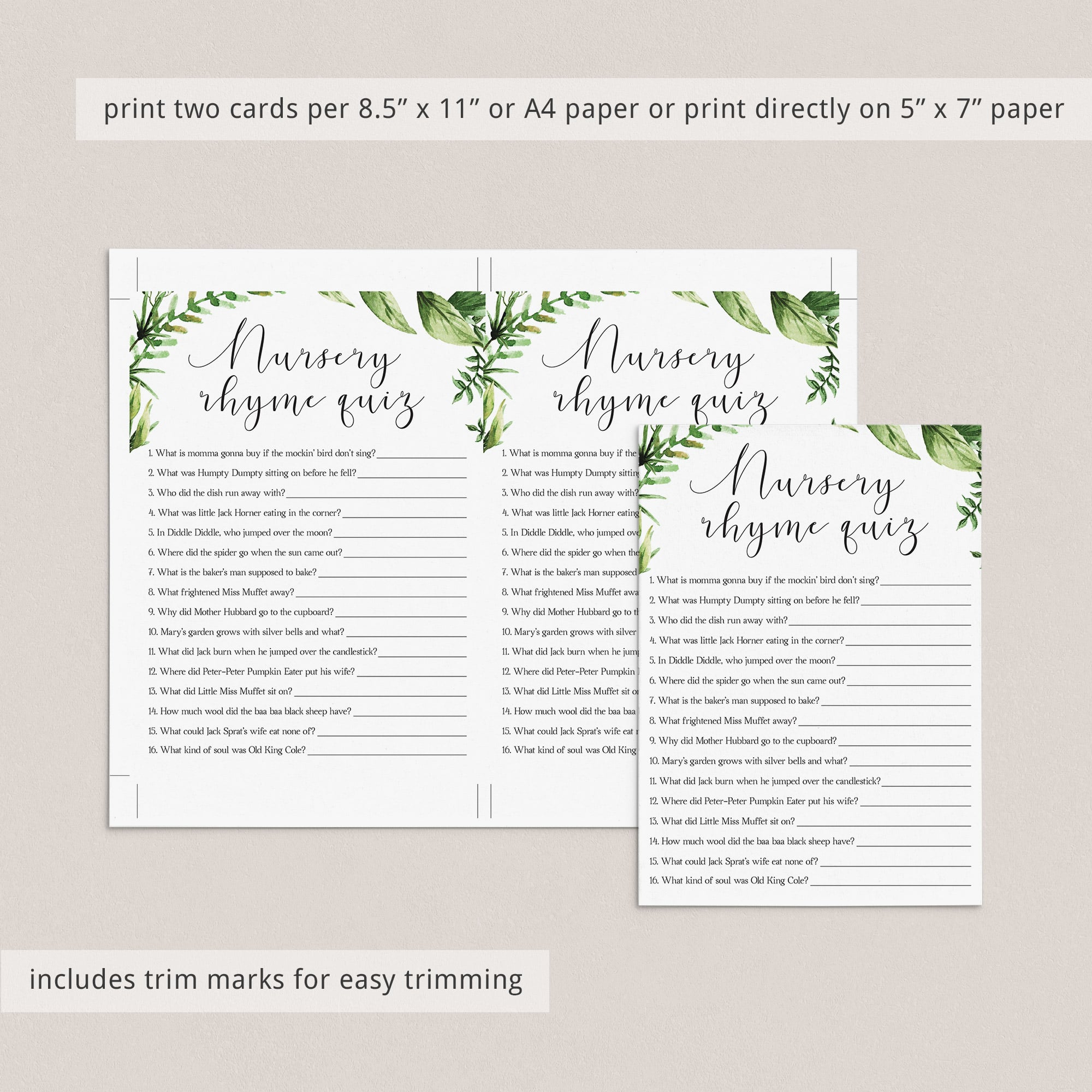 Printable nursery rhyme quiz game for baby shower with answers by LittleSizzle