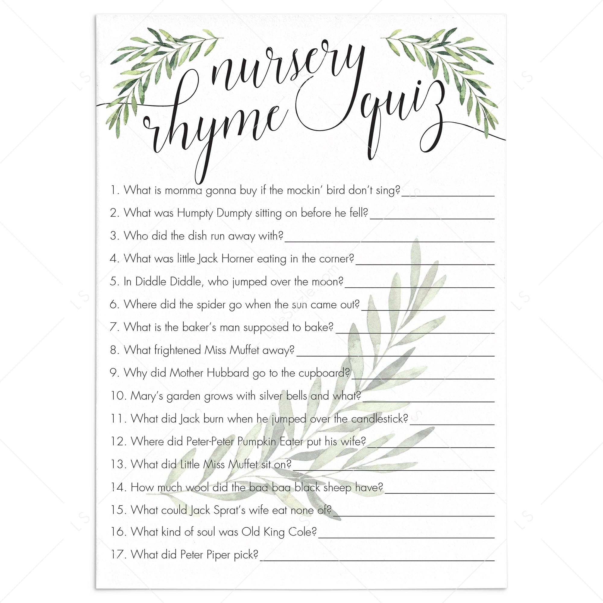 Baby Nursery Rhyme Quiz Printable Green Leaves by LittleSizzle