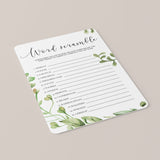 Baby Shower Unscramble the Words Game with Watercolor Green Leaf
