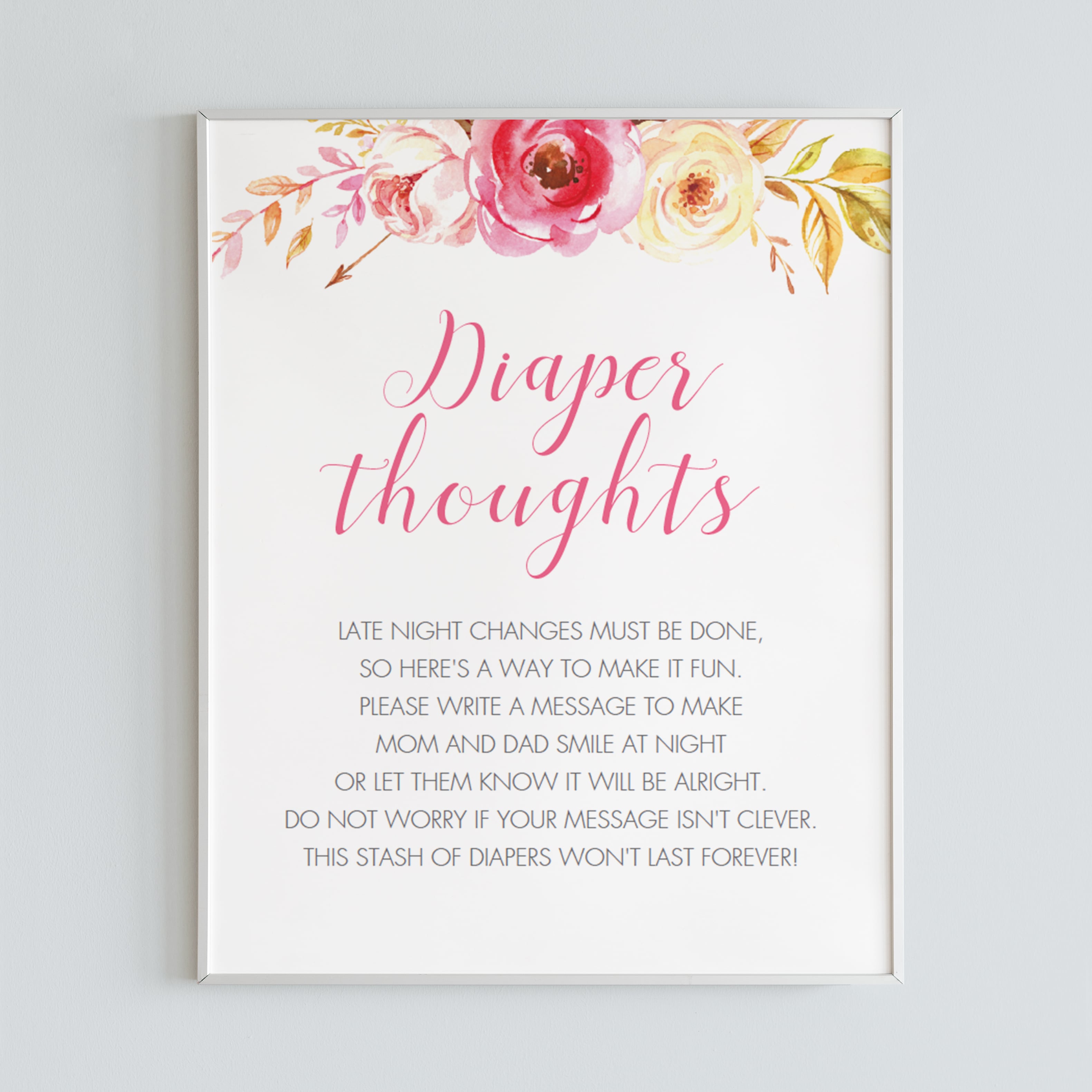 Pink Floral Diaper Thoughts Sign Instant Download by LittleSizzle
