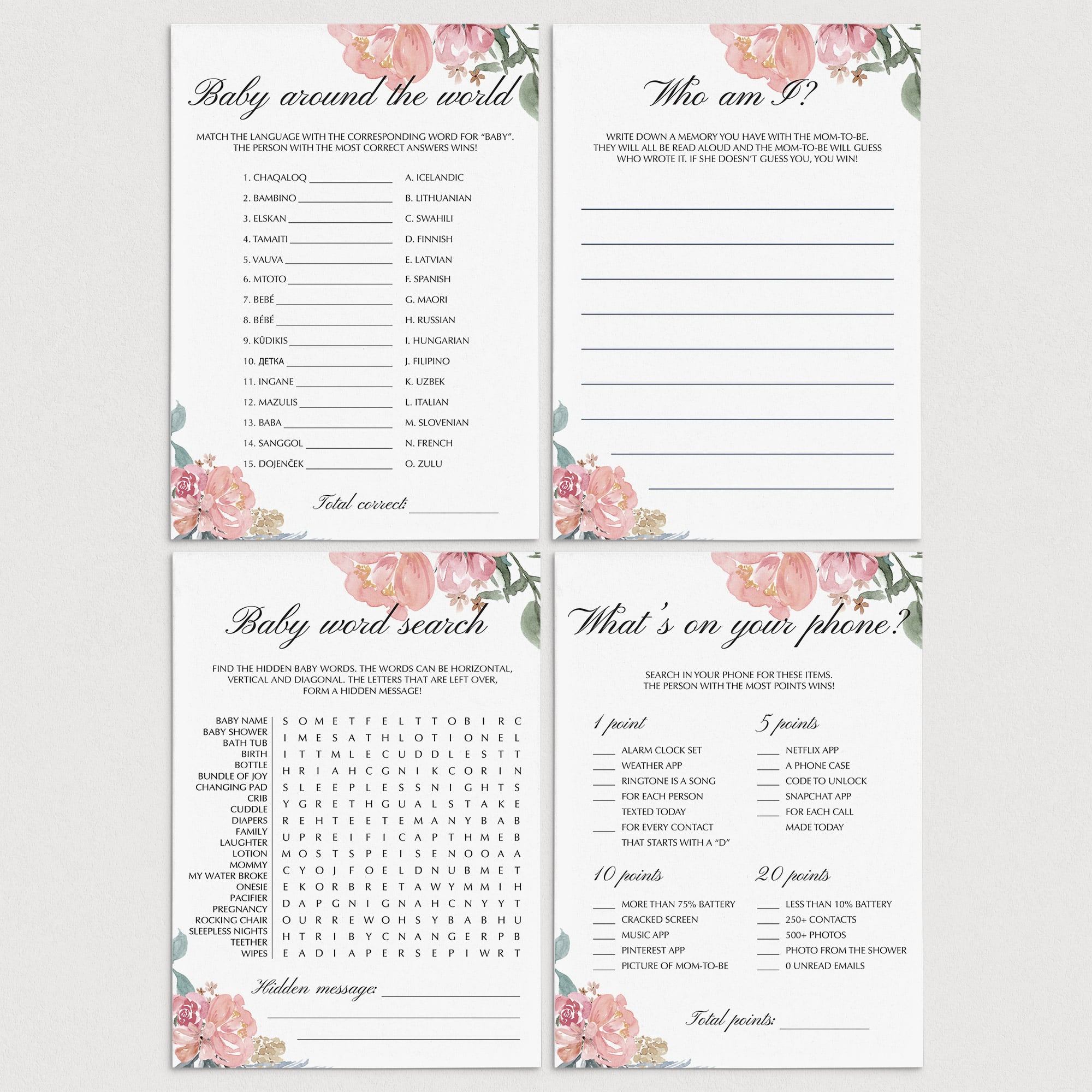 Fun baby shower games pack with pink flowers by LittleSizzle