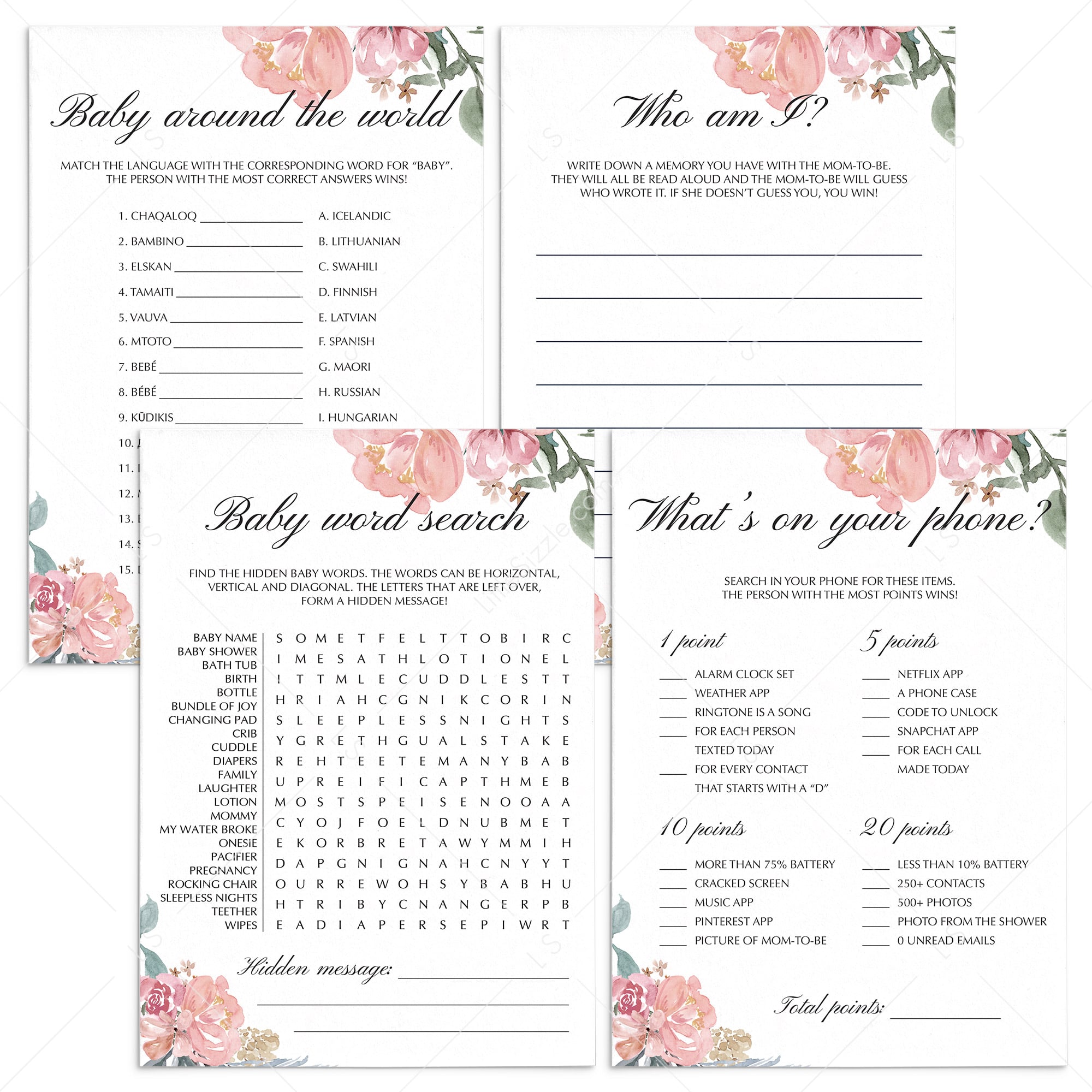 Fun baby shower games pack with pink flowers by LittleSizzle