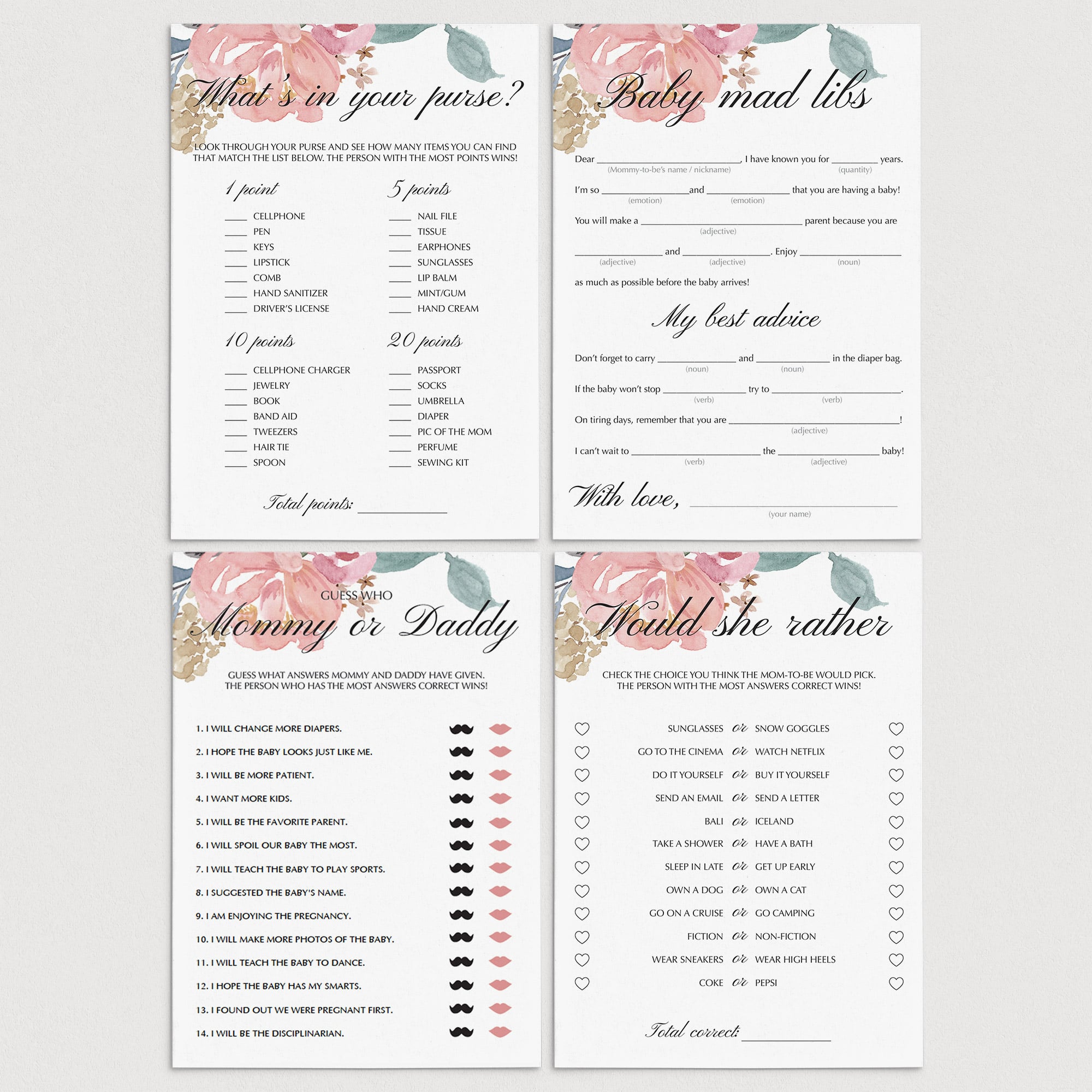 Boho Baby Shower Games Pack Blush Floral by Littlesizzle