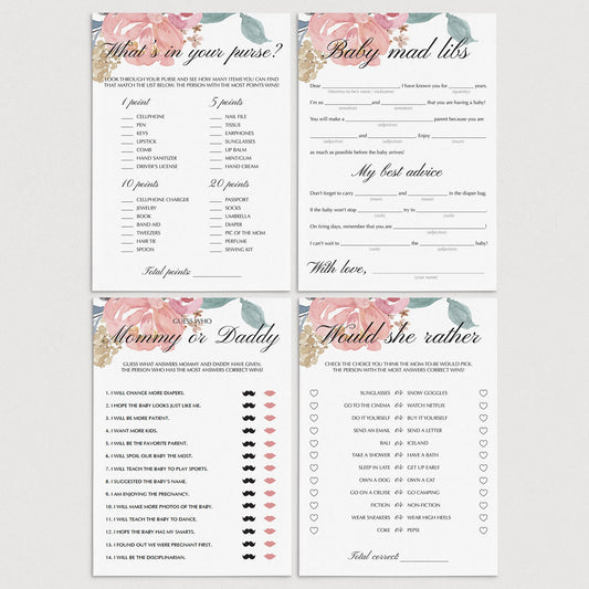 Boho Baby Shower Games Pack Blush Floral by Littlesizzle