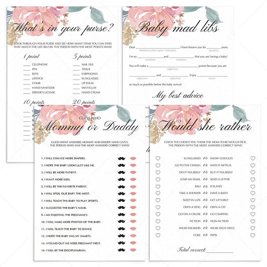 Boho Baby Shower Games Pack Blush Floral by Littlesizzle