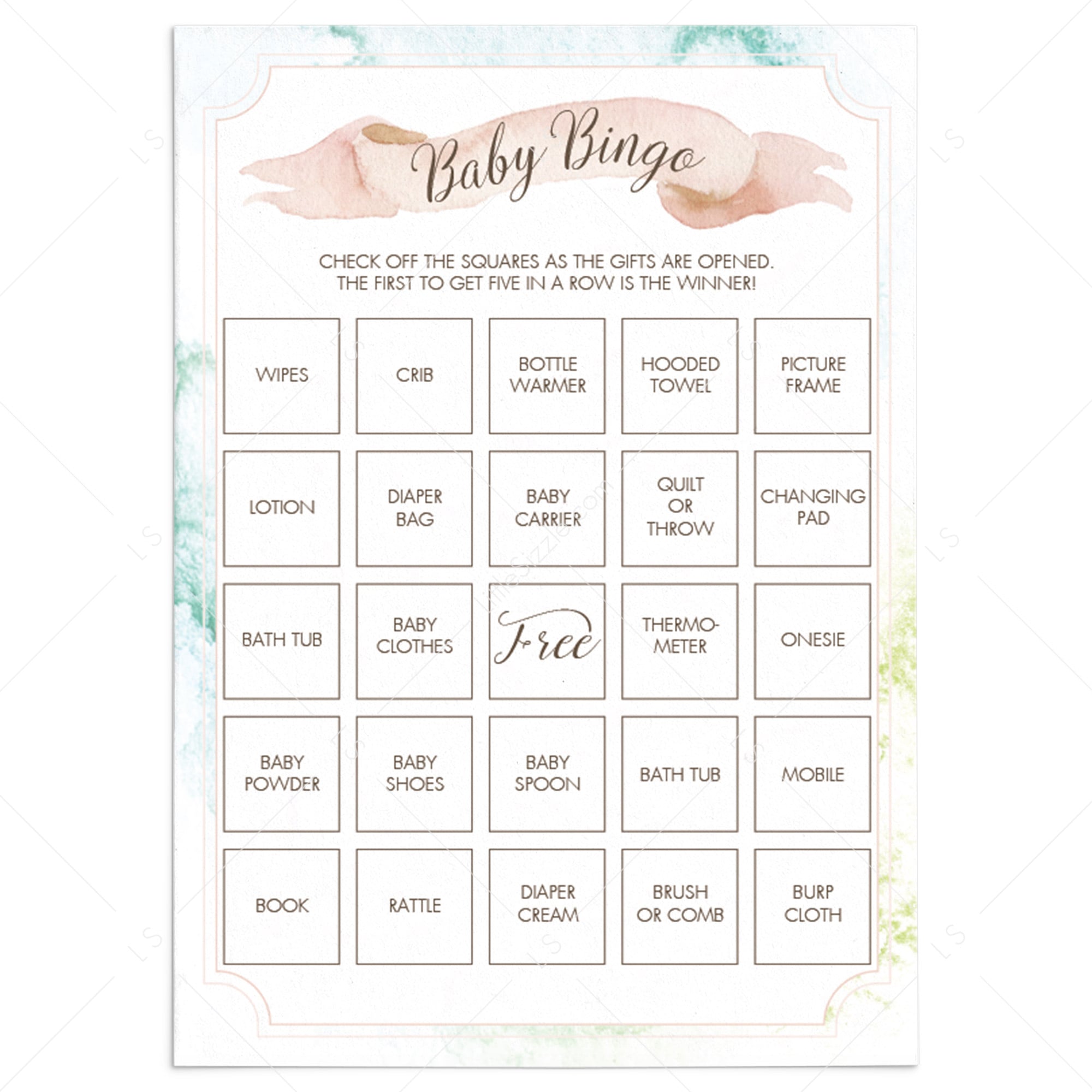 Prefilled baby shower bingo cards with watercolor background by LittleSizzle