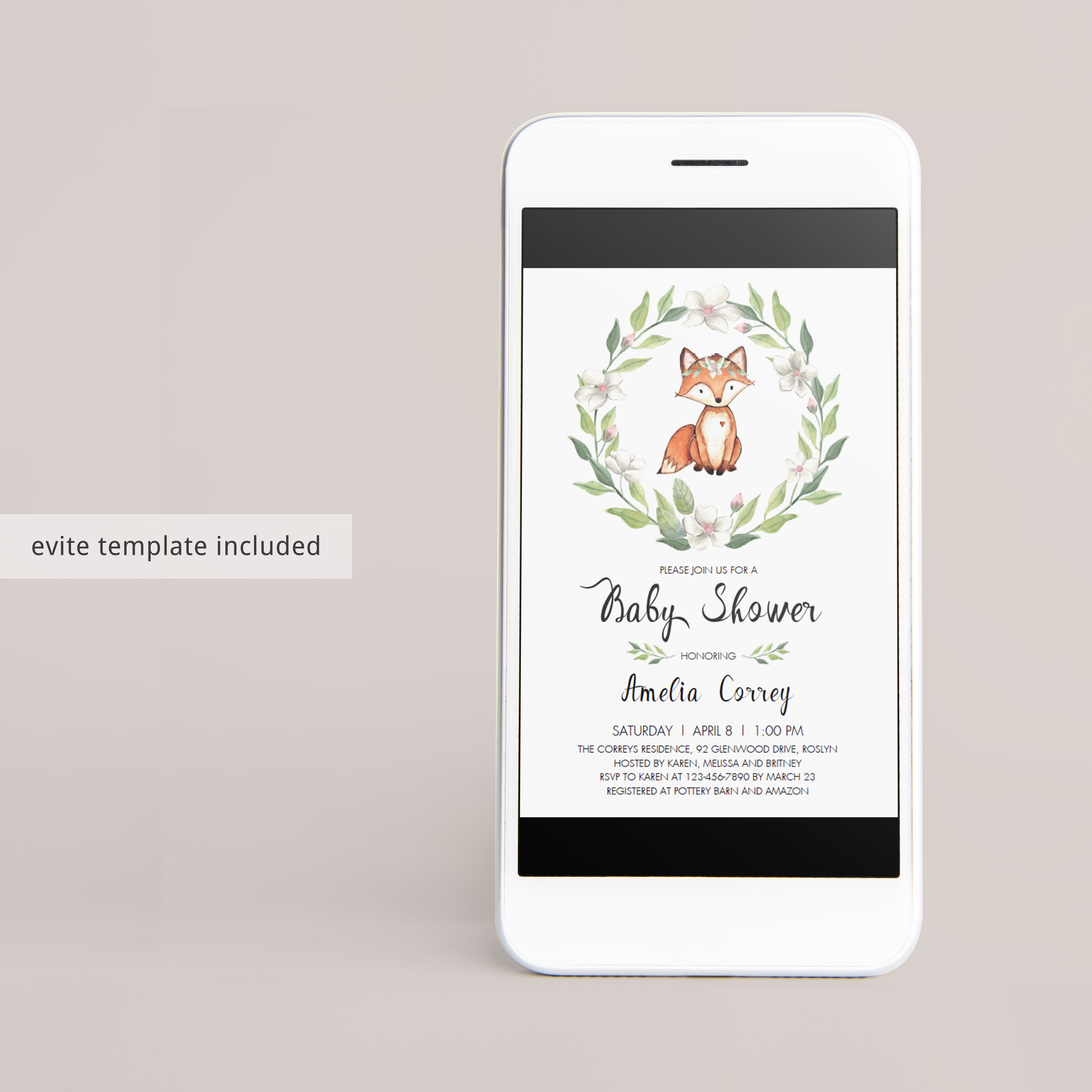 Watercolor orange fox on baby shower invitation by LittleSizzle