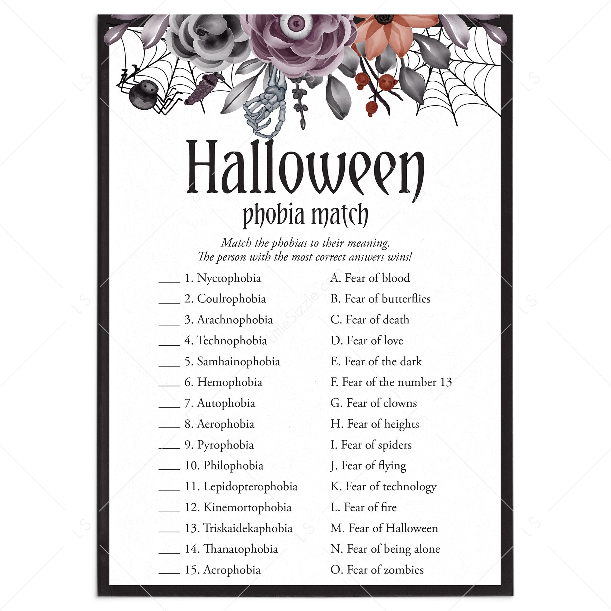 Halloween Phobias Meaning Quiz with Answer Key Printable by LittleSizzle