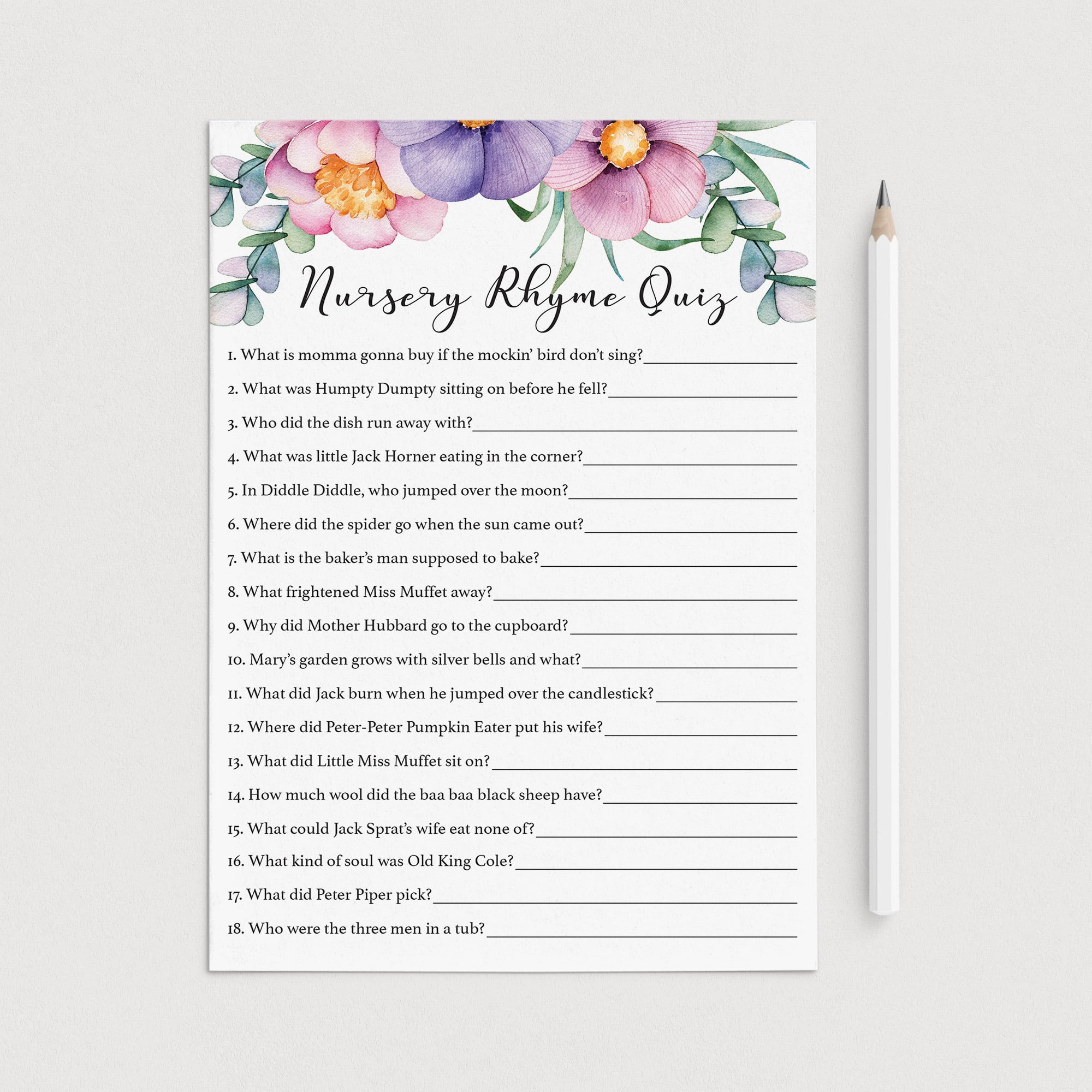 Instant download purple baby shower game nursery rhymes by LittleSizzle