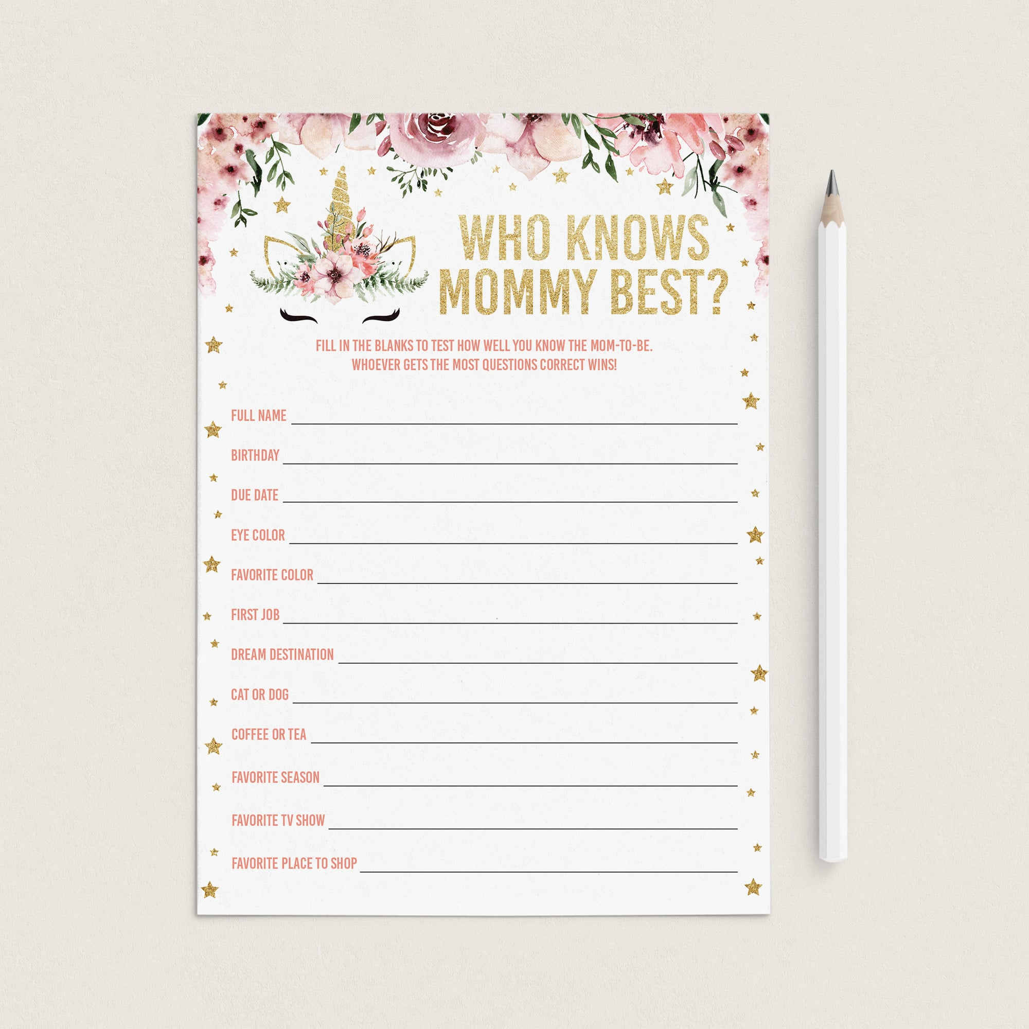 Printable who knows mommy best baby shower game pink and gold flowers by LittleSizzle