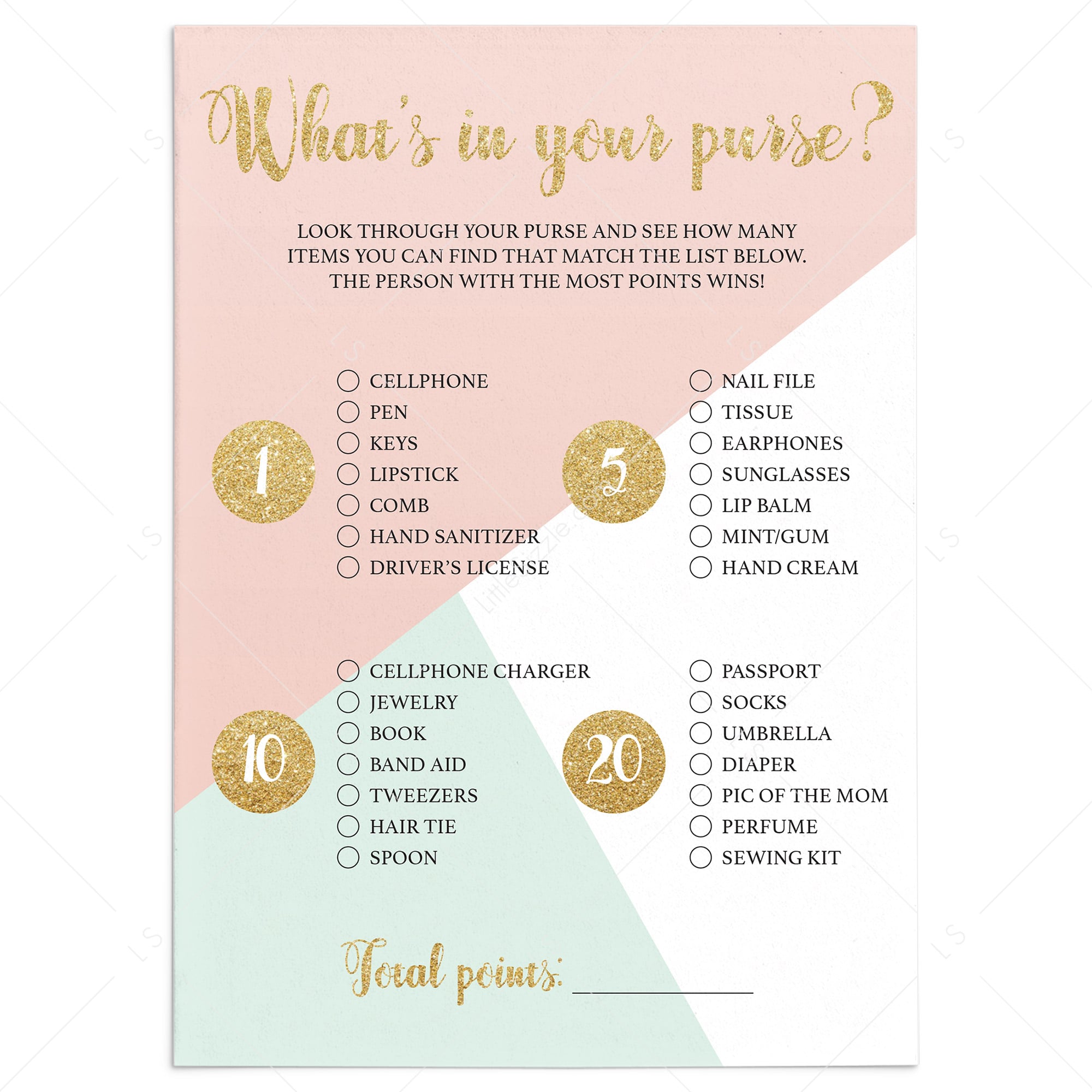 Pink and gold baby shower game purse raid download by LittleSizzle