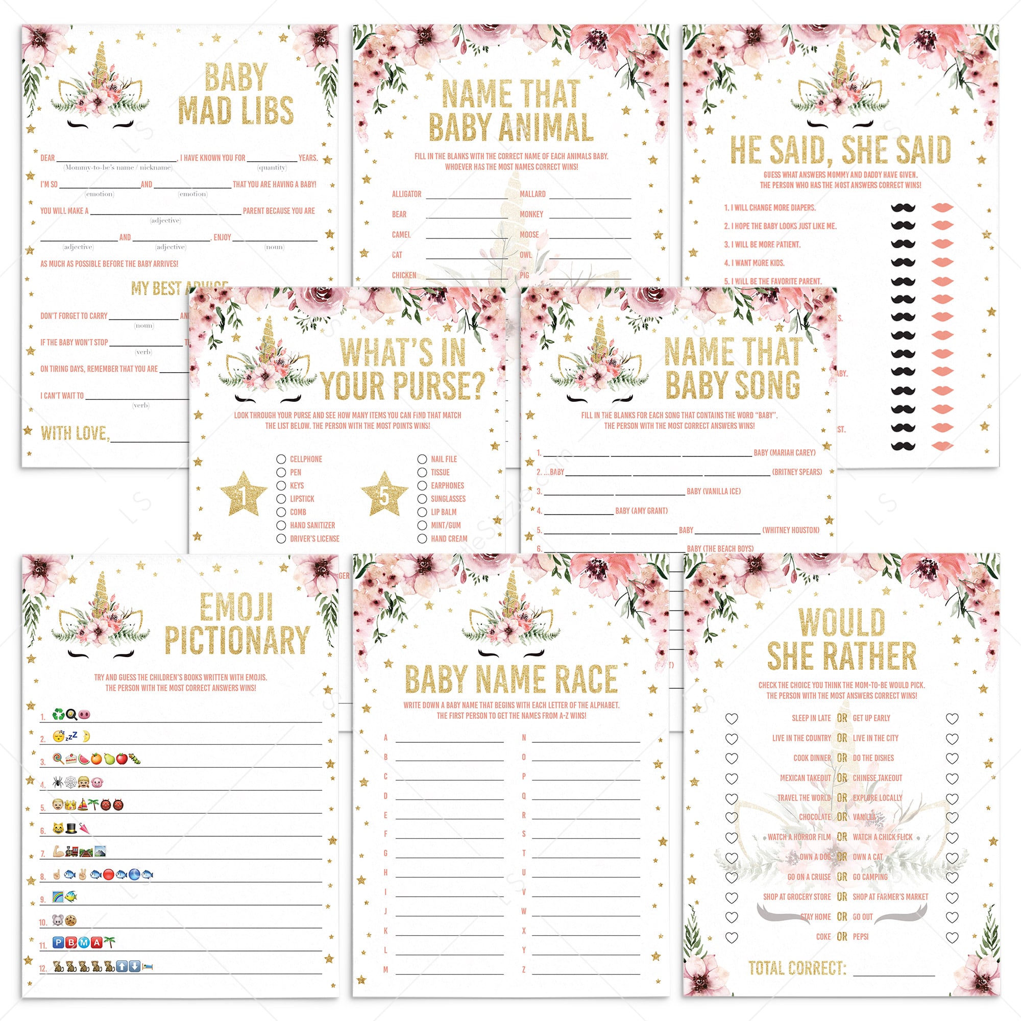 Floral unicorn babyshower games pack XL printable by LittleSizzle