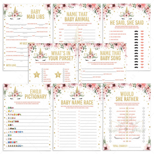 Floral unicorn babyshower games pack XL printable by LittleSizzle