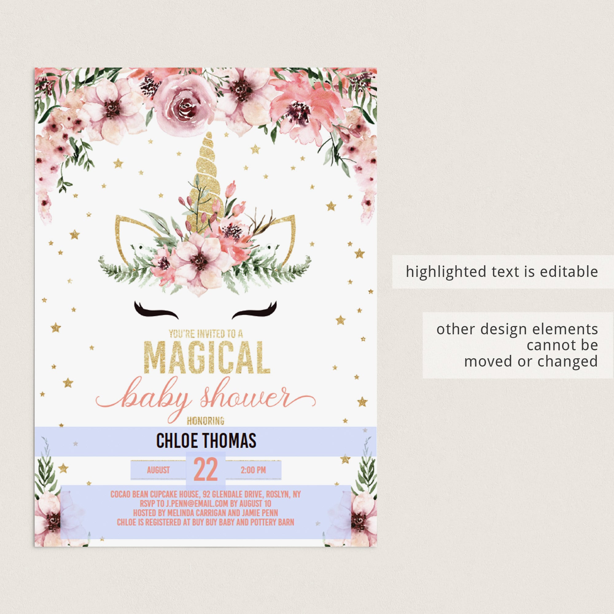 DIY unicorn baby shower invite templates by LittleSizzle