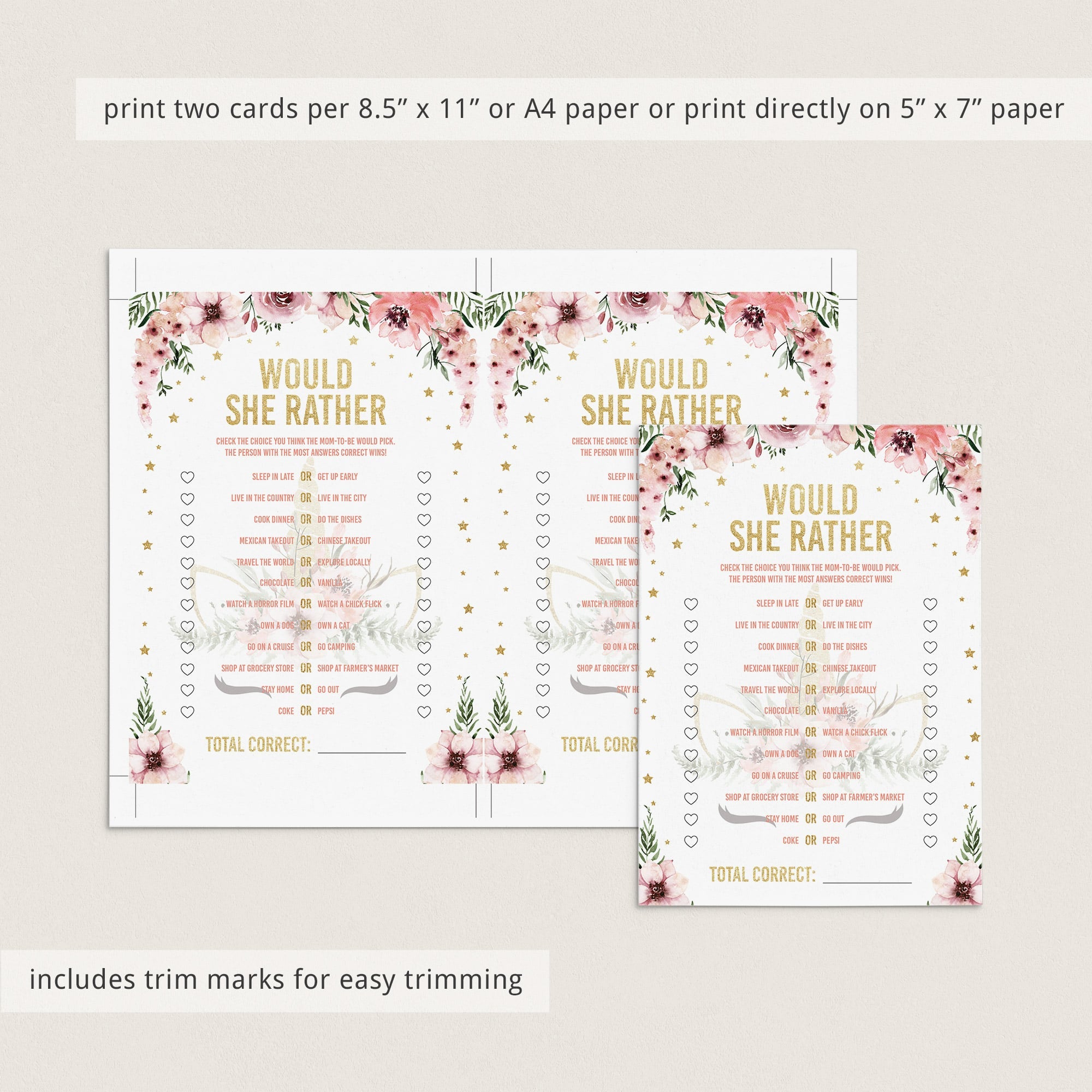 Pink floral baby shower game card would she rather printable by LittleSizzle