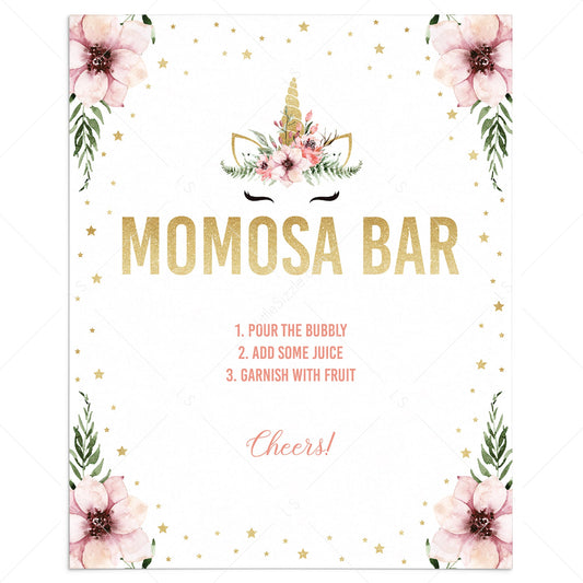 Momosa sign printable for unicorn baby shower by LittleSizzle