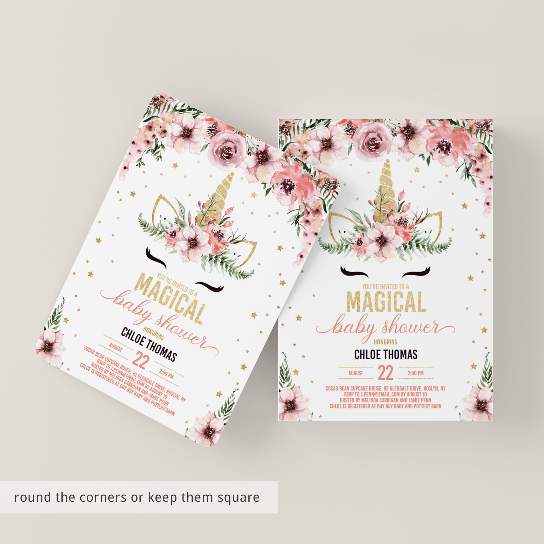 Gold and pink babyshower invitations for girls with unicorn by LittleSizzle