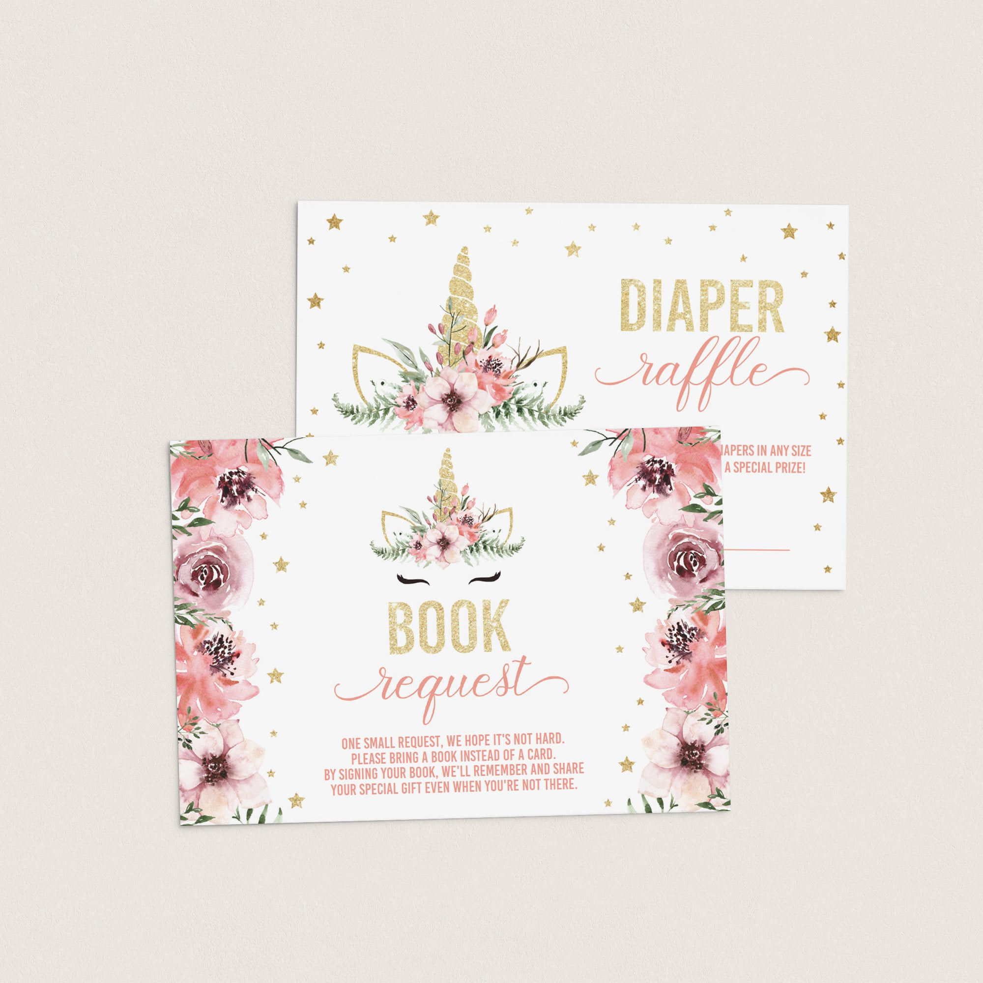 Unicorn themed baby shower invitation inserts book request diaper raffle by LittleSizzle