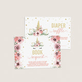 Unicorn themed baby shower invitation inserts book request diaper raffle by LittleSizzle