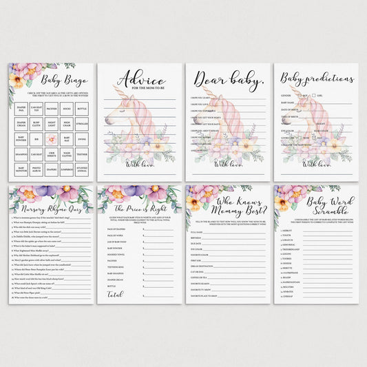 Printable Baby Girl Shower Games Purple and Pink Flowers