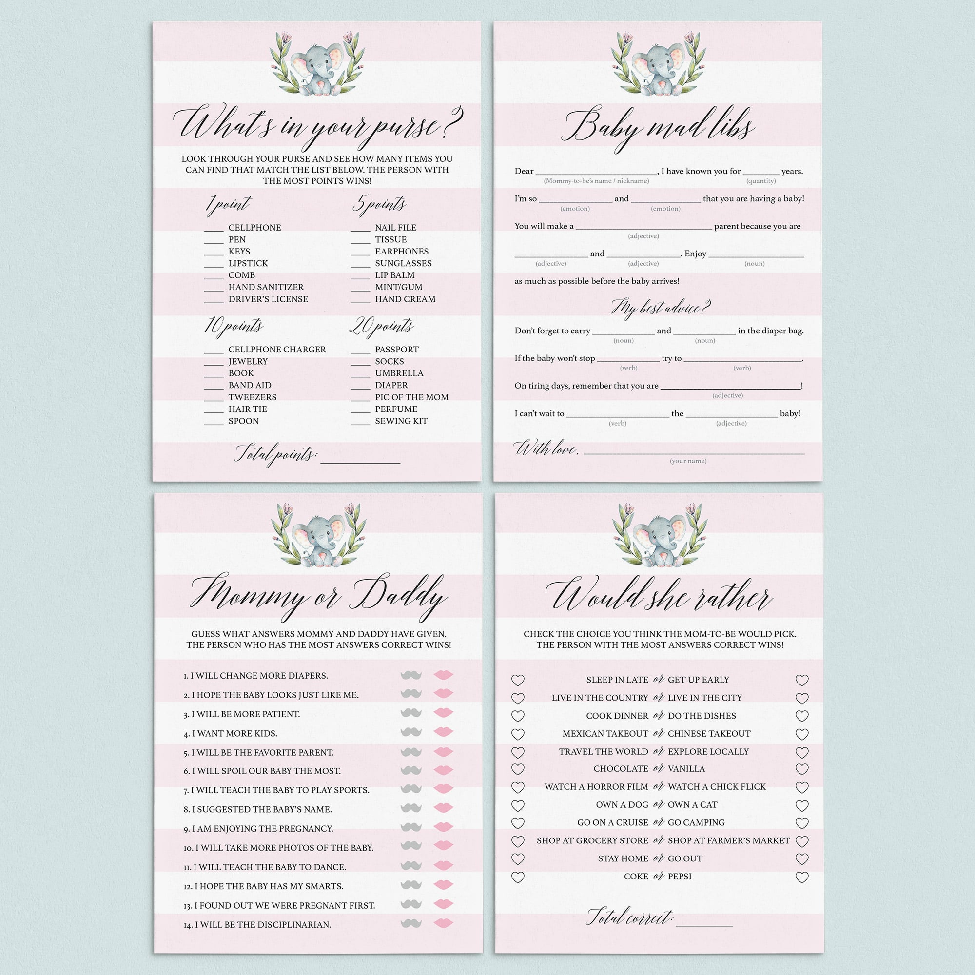 Little elephant girl baby shower games set printable by LittleSizzle