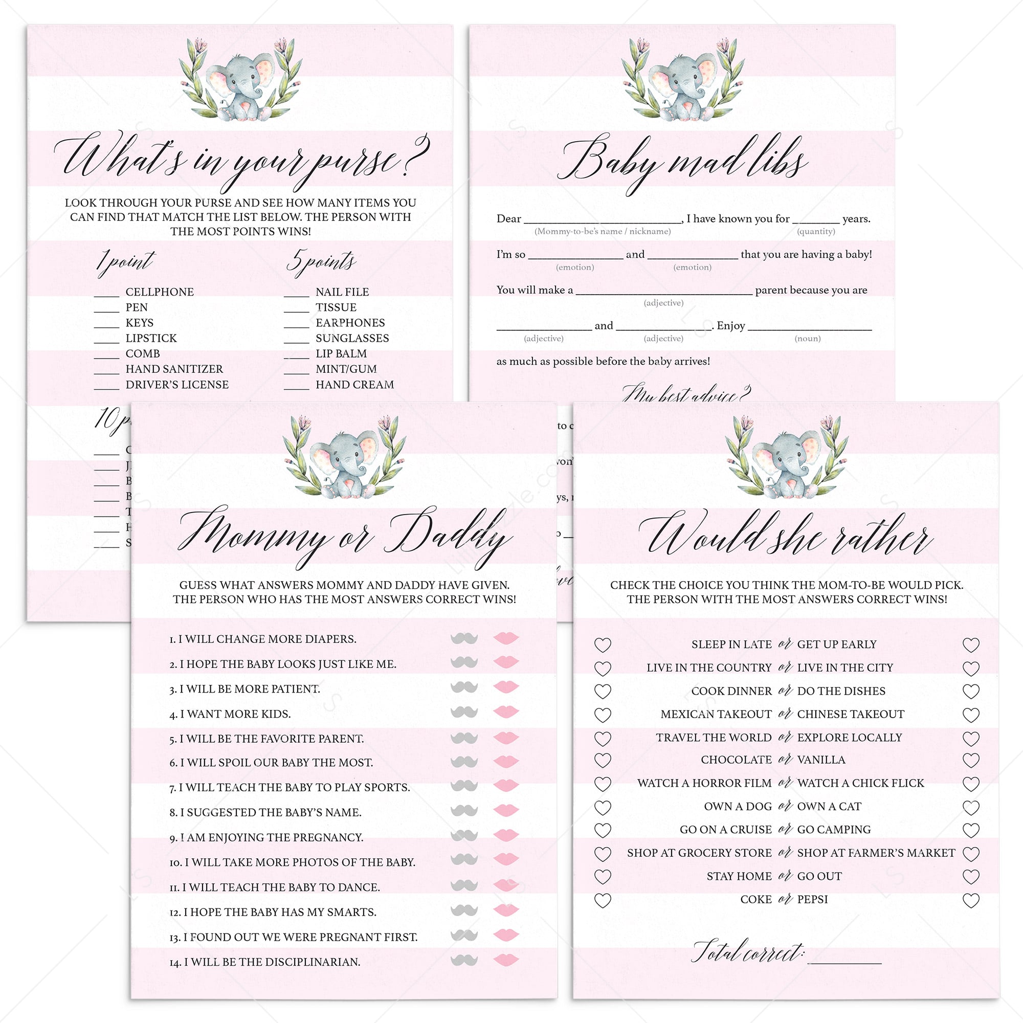 Little elephant girl baby shower games set printable by LittleSizzle