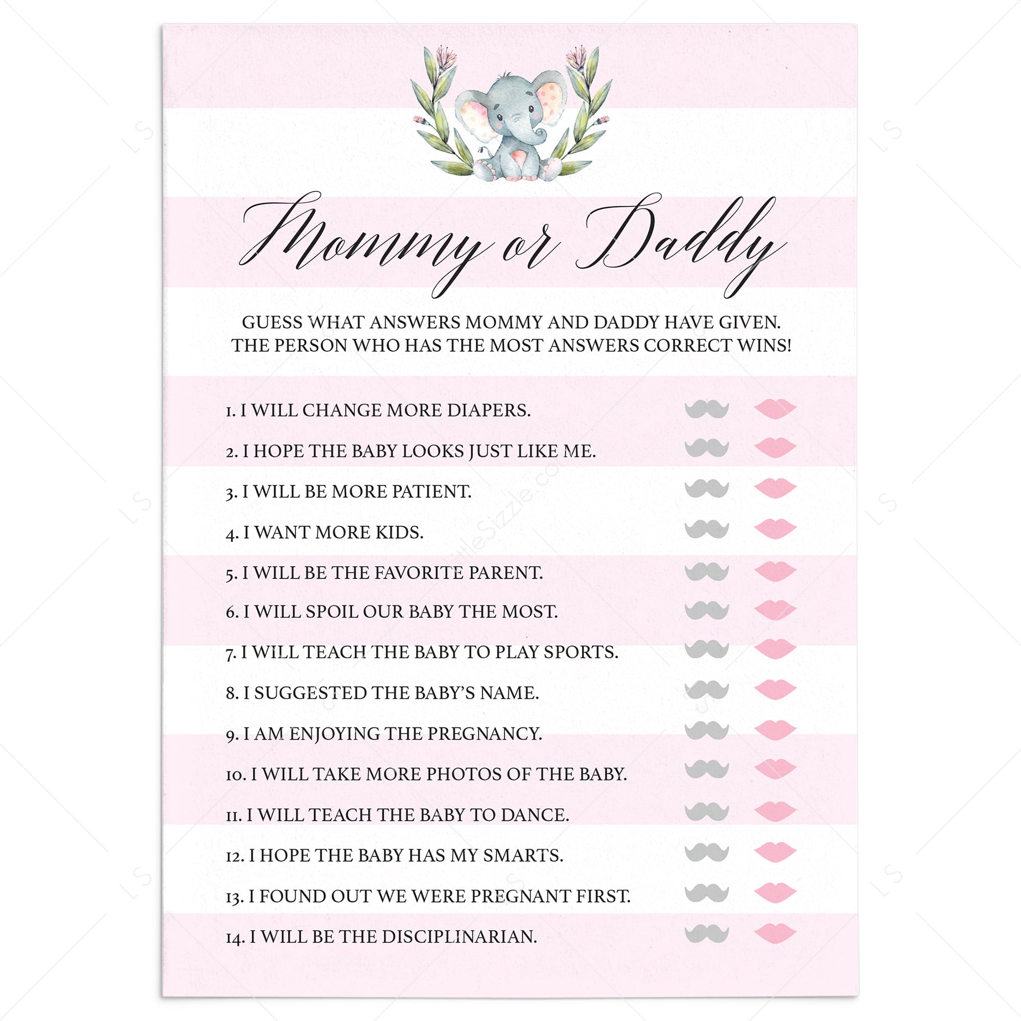Elephant baby shower guess who mommy or daddy game printable by LittleSizzle