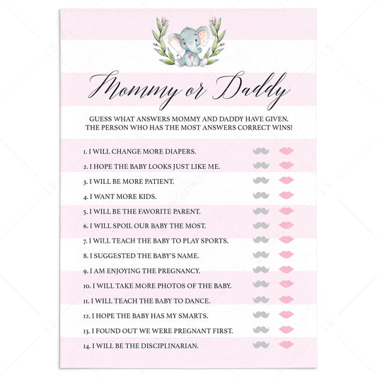 Elephant baby shower guess who mommy or daddy game printable by LittleSizzle