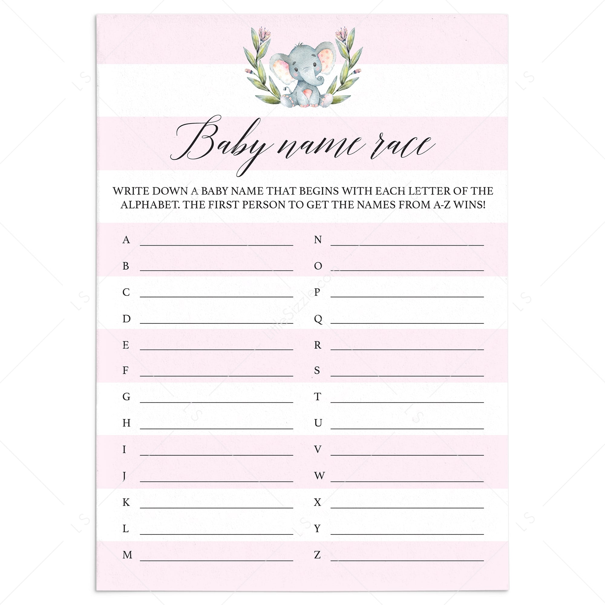 Pink elephant baby shower game baby names printable by LittleSizzle