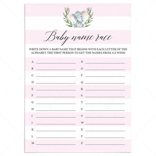 Pink elephant baby shower game baby names printable by LittleSizzle