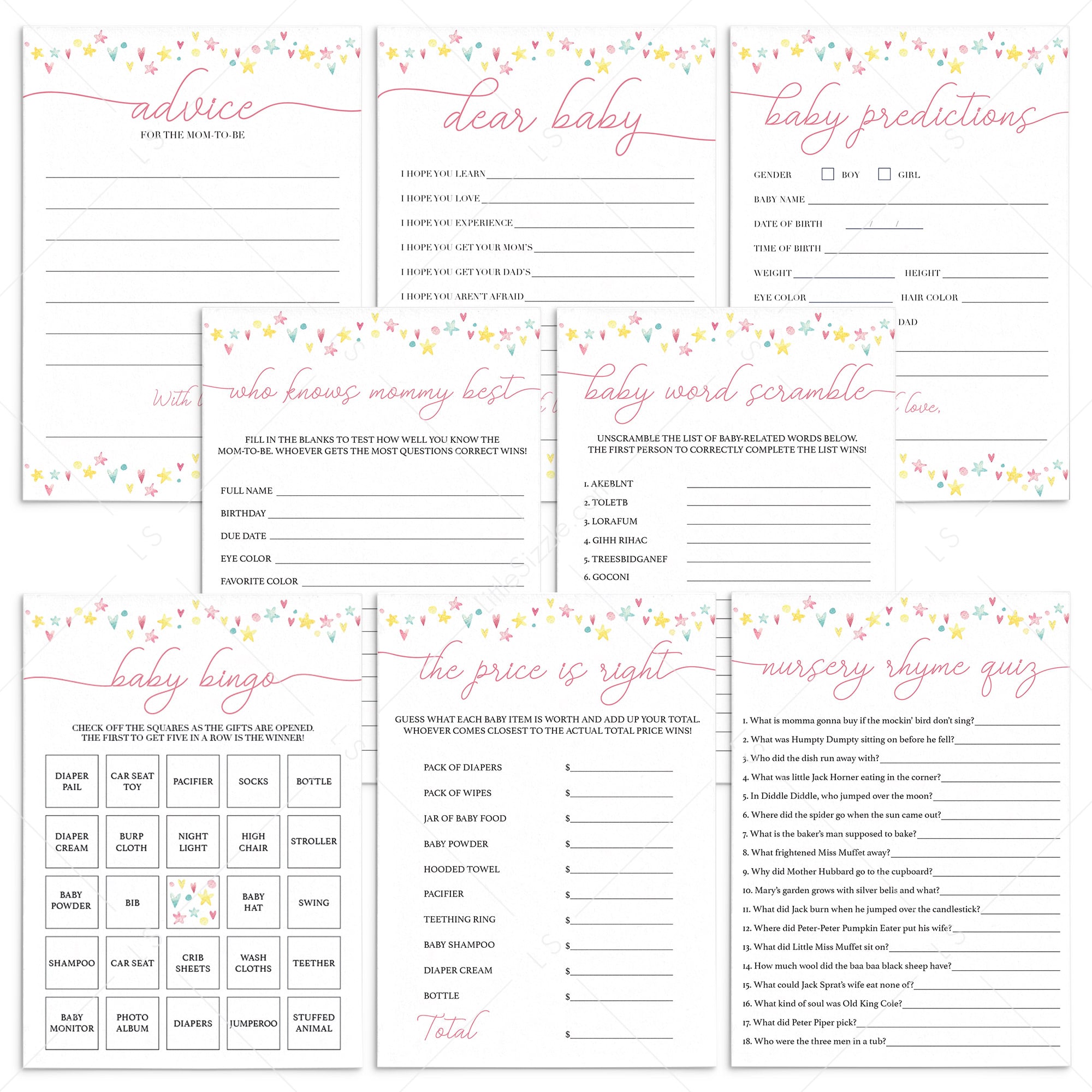 Printable rainbow shower games for girl by LittleSizzle