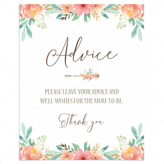 Floral Themed Advice Sign for Baby Shower Template by LittleSizzle