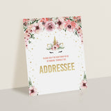 Gold unicorn baby party table sign address an envelope by LittleSizzle