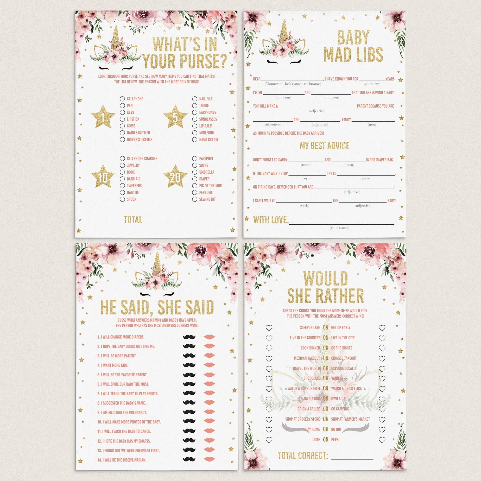 Girl baby shower games package printable files unicorn themed by LittleSizzle