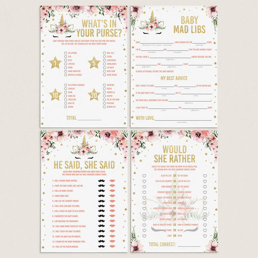 Girl baby shower games package printable files unicorn themed by LittleSizzle