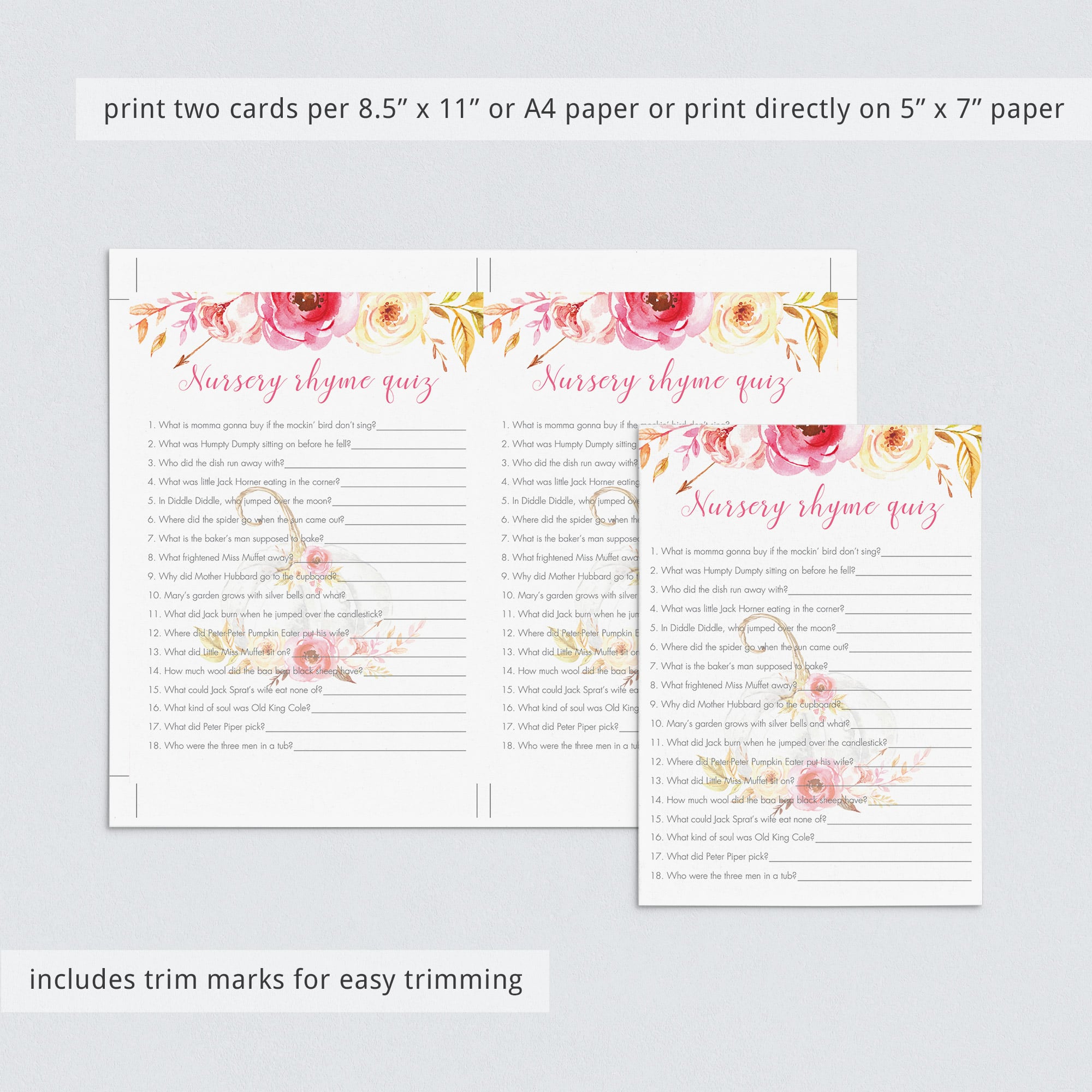 Pink nursery rhyme quiz with answer key for girl baby shower by LittleSizzle