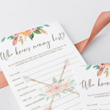 Tribal Baby Shower Game Who Knows Mommy Best with Pink Flowers