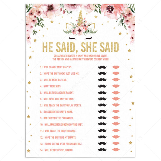 He Said or She Said Game for Girl Baby Shower Printable