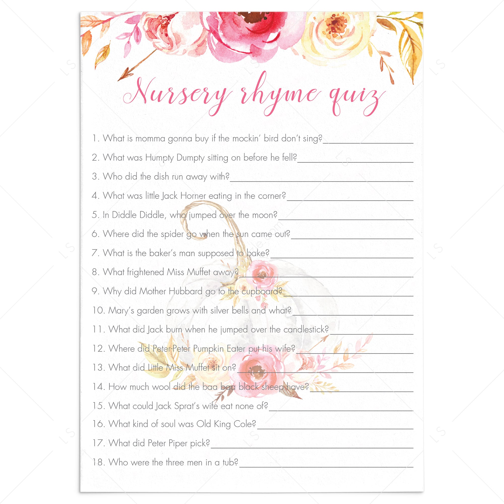 Pumpkin baby shower nursery rhyme quiz printable by LittleSizzle