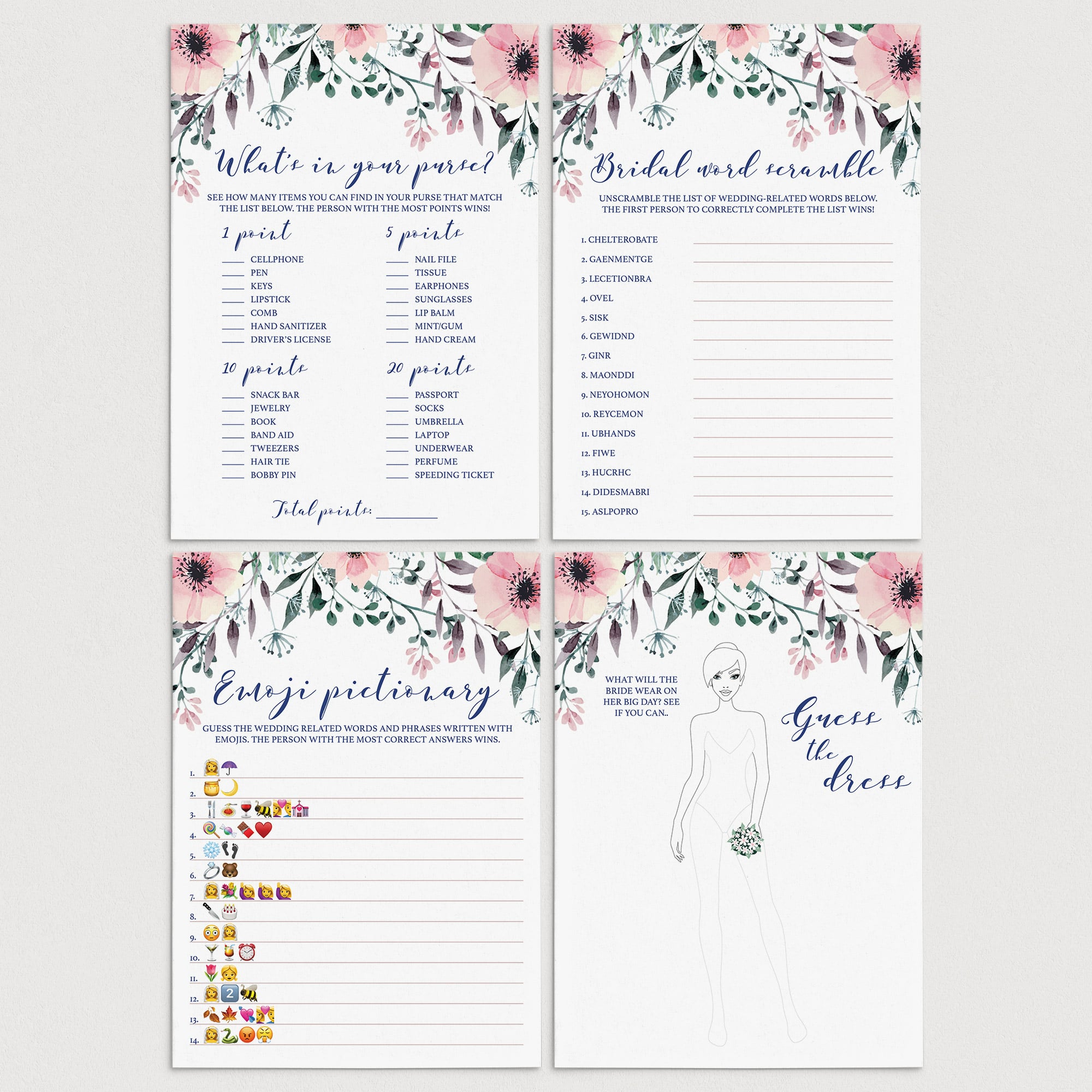 Pink Flowers Bridal Shower Games Pack Instant Download by LittleSizzle