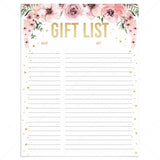 Gift and guest tracker printable with pink flowers by LittleSizzle