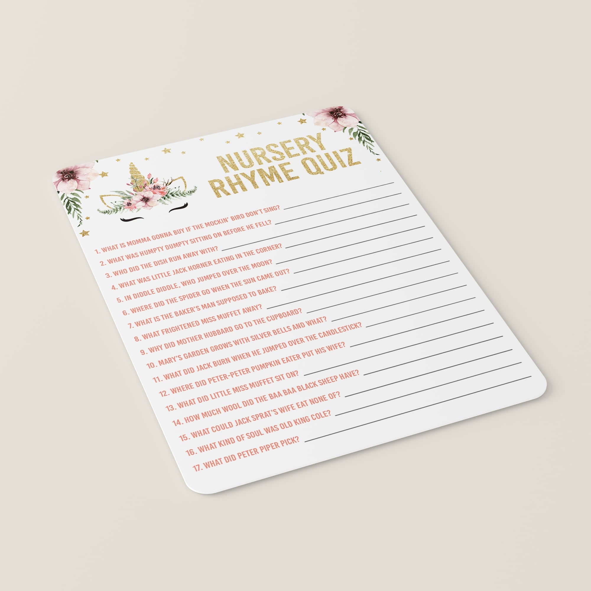 Girl baby shower nursery rhyme quiz pink and gold files by LittleSizzle