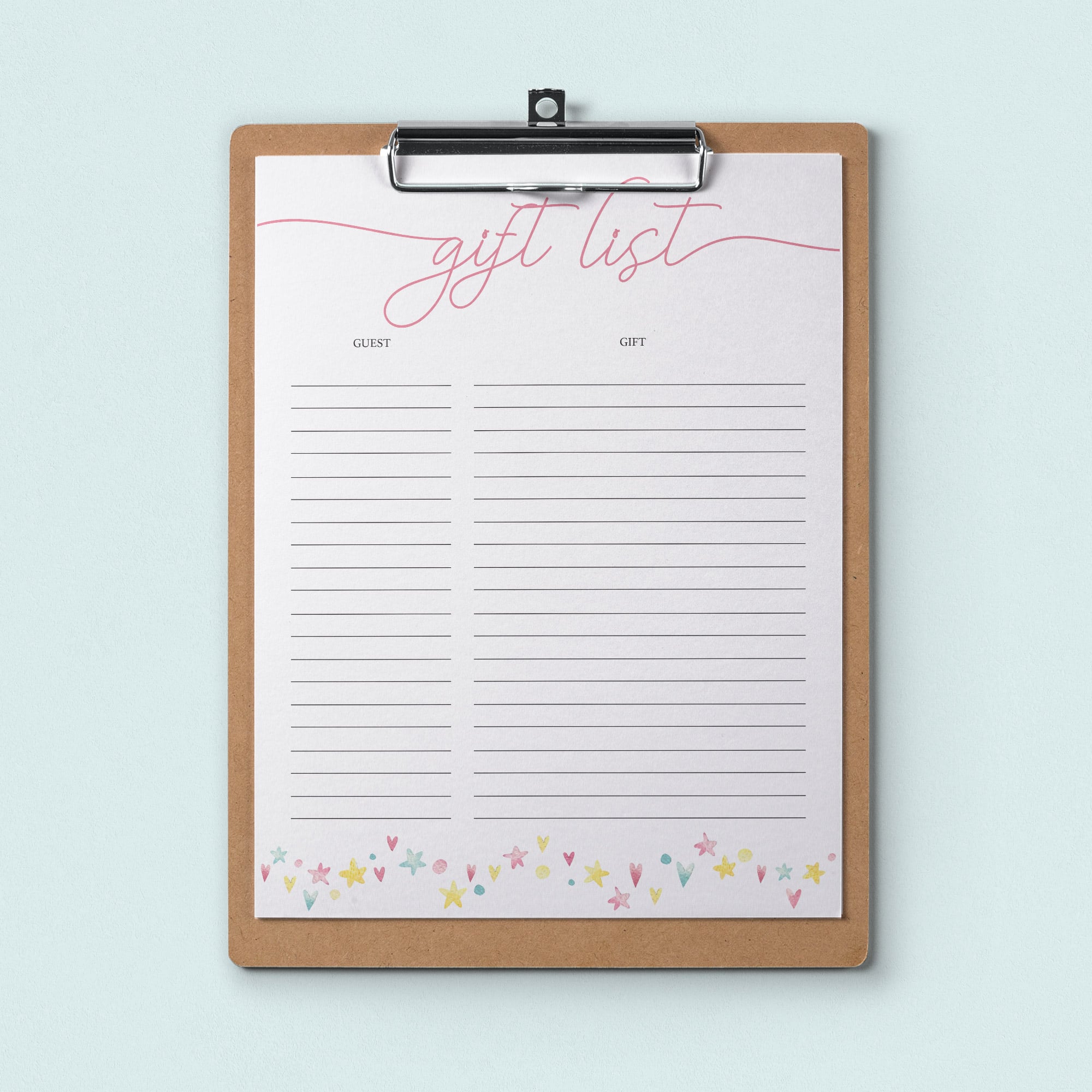 Pink shower gift list download PDF by LittleSizzle