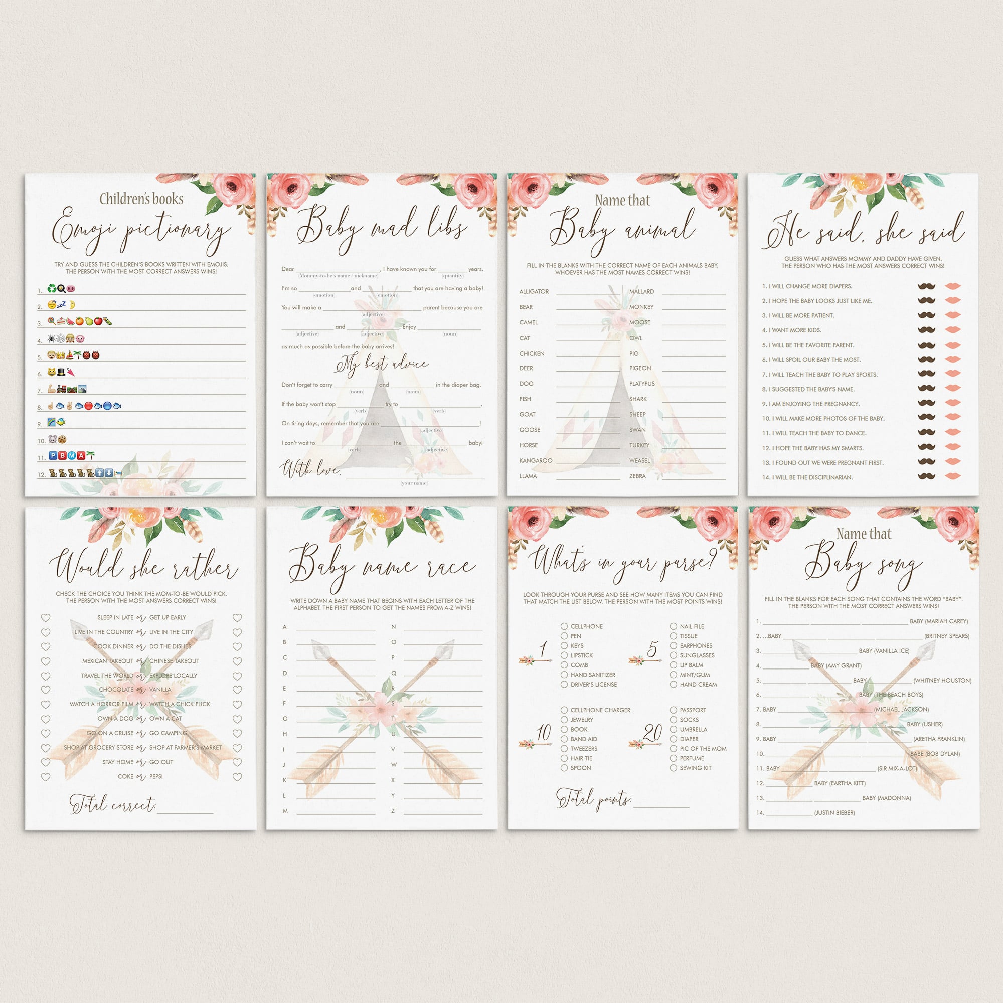 Floral Baby Games Bundle Printable Pink and Green by LittleSizzle